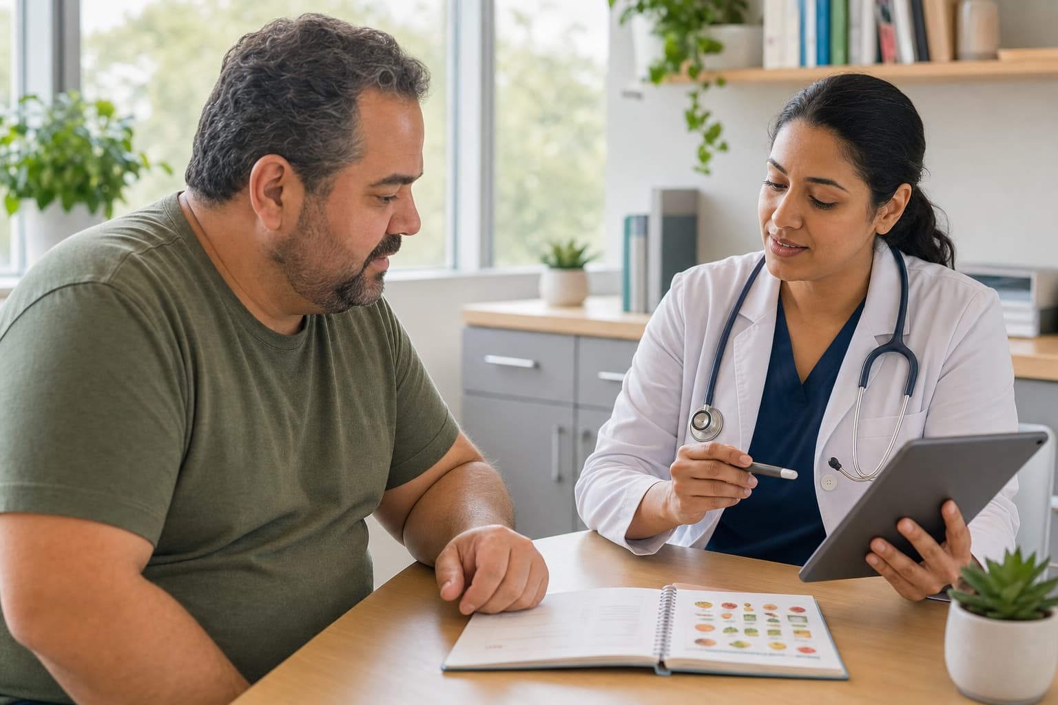 A clinician reviewing a medical weight loss plan with a male patient, including nutrition and activity tracking.