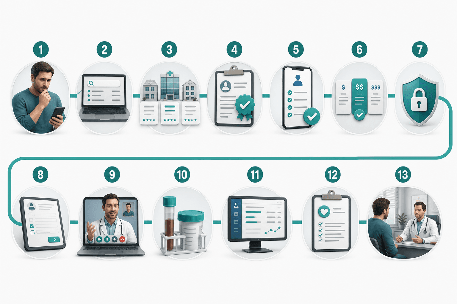 A thirteen-stage visual journey showing how a patient moves from recognizing a concern through digital research, consultation, monitoring, and in-person escalation.
