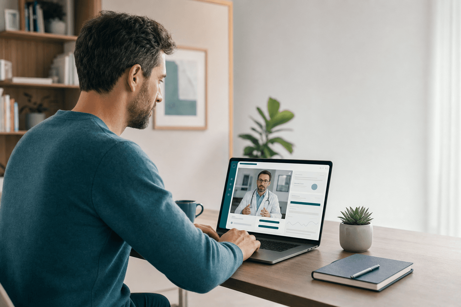 An adult man using a secure digital healthcare platform for a private video consultation with a male clinician.