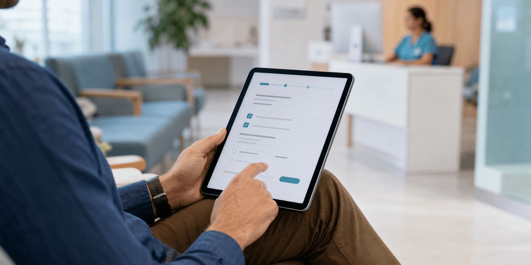 An adult man completing a secure digital patient-intake form on a tablet in a modern clinic waiting area.