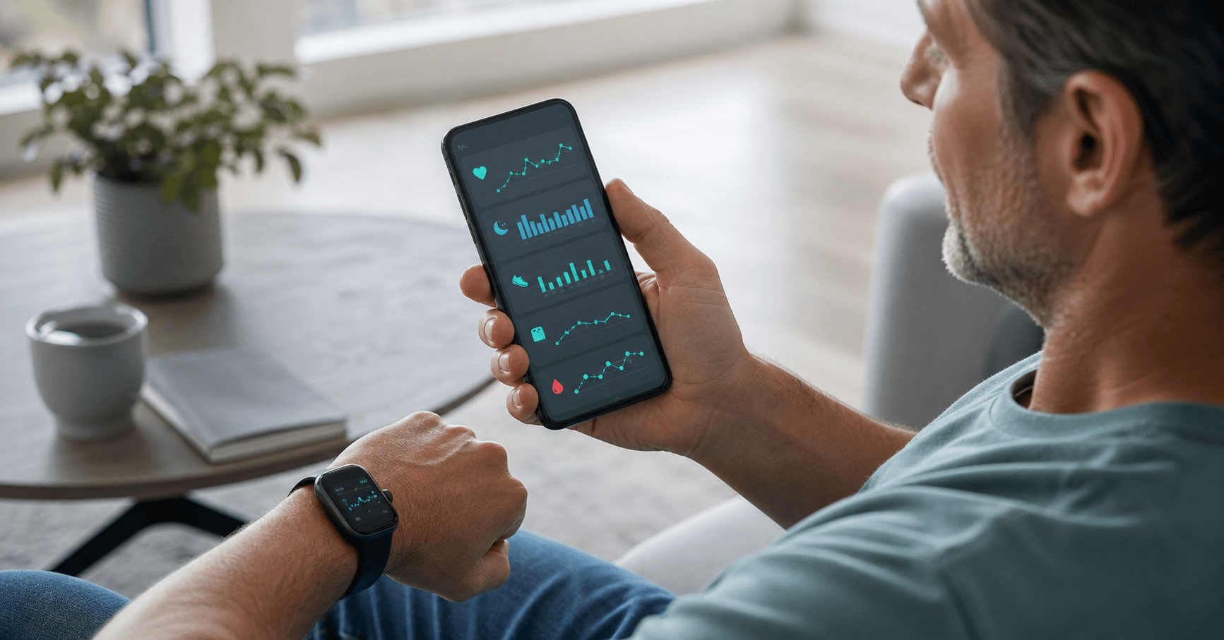 An adult man viewing health trends on a smartphone while wearing a connected smartwatch.