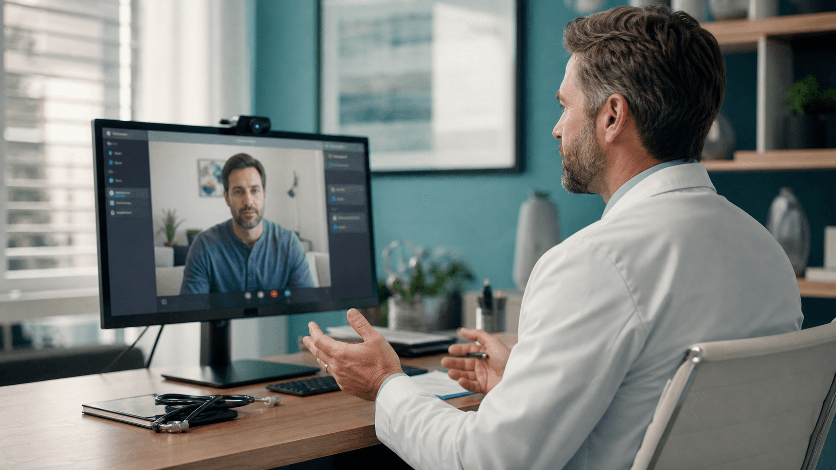 A licensed clinician in a professional office conducting a secure video consultation with an adult male patient.