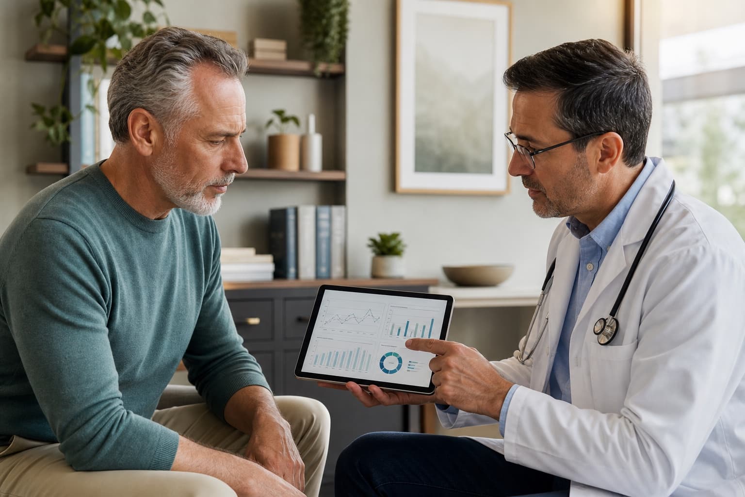 A clinician and patient discussing preventive health metrics and lab results during a longevity consultation.