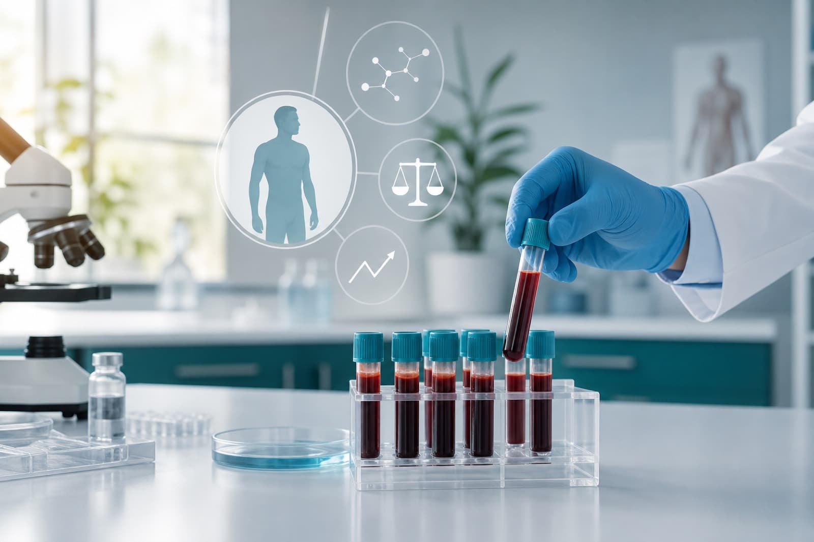 Calm laboratory setting representing morning testosterone blood testing and clinical evaluation
