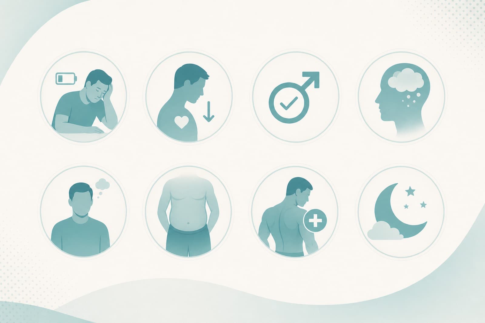 Editorial illustration representing common men's health symptom themes including energy, libido, mood, body composition, and sleep