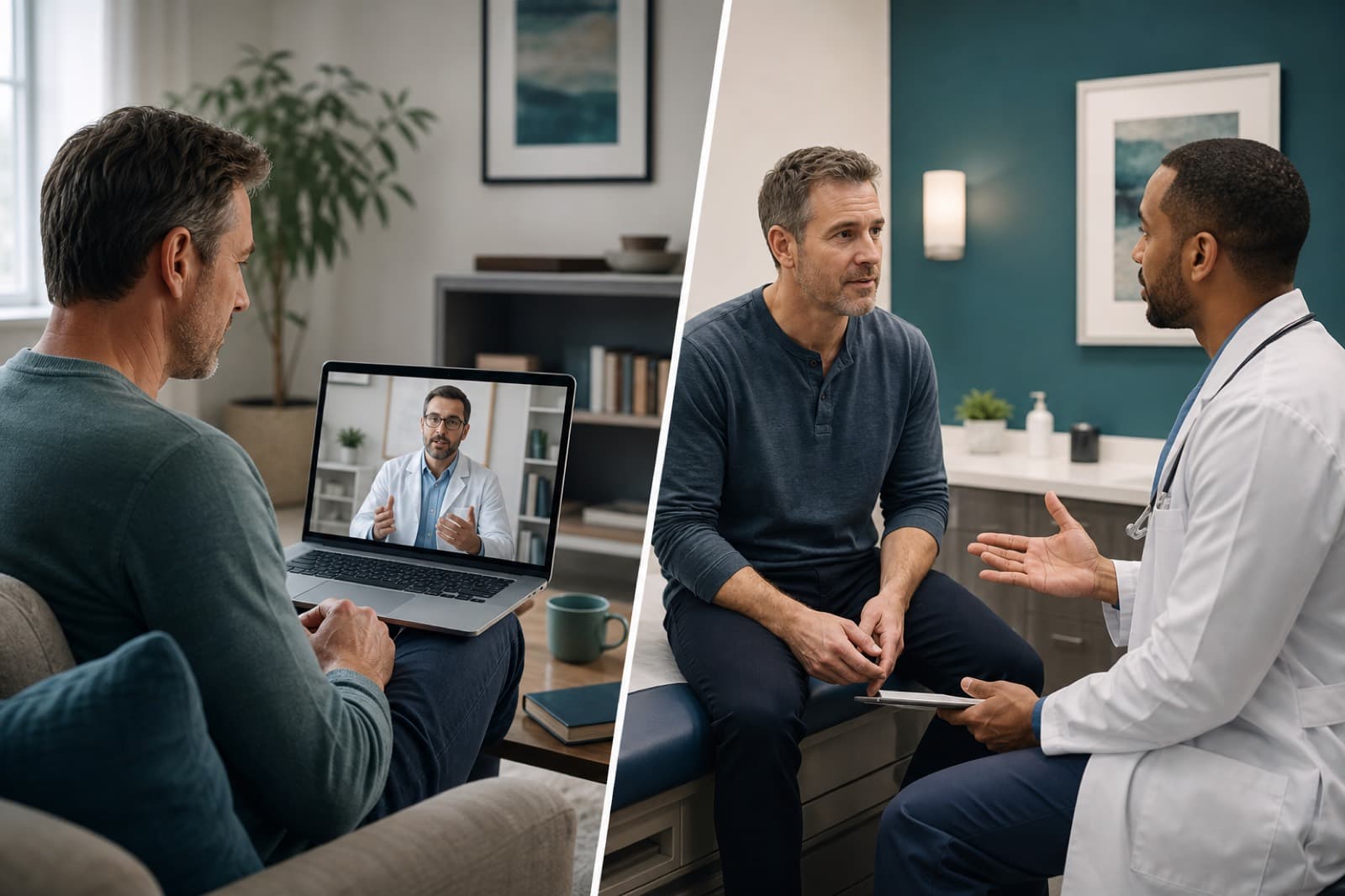Side-by-side editorial visual comparing home telehealth consultation and in-person clinic conversation