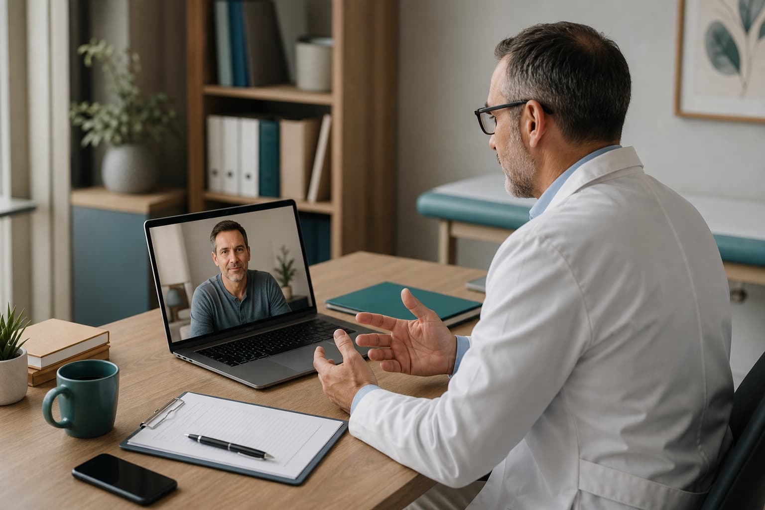 A clinician conducting a private telehealth consultation with an adult male patient on a laptop.