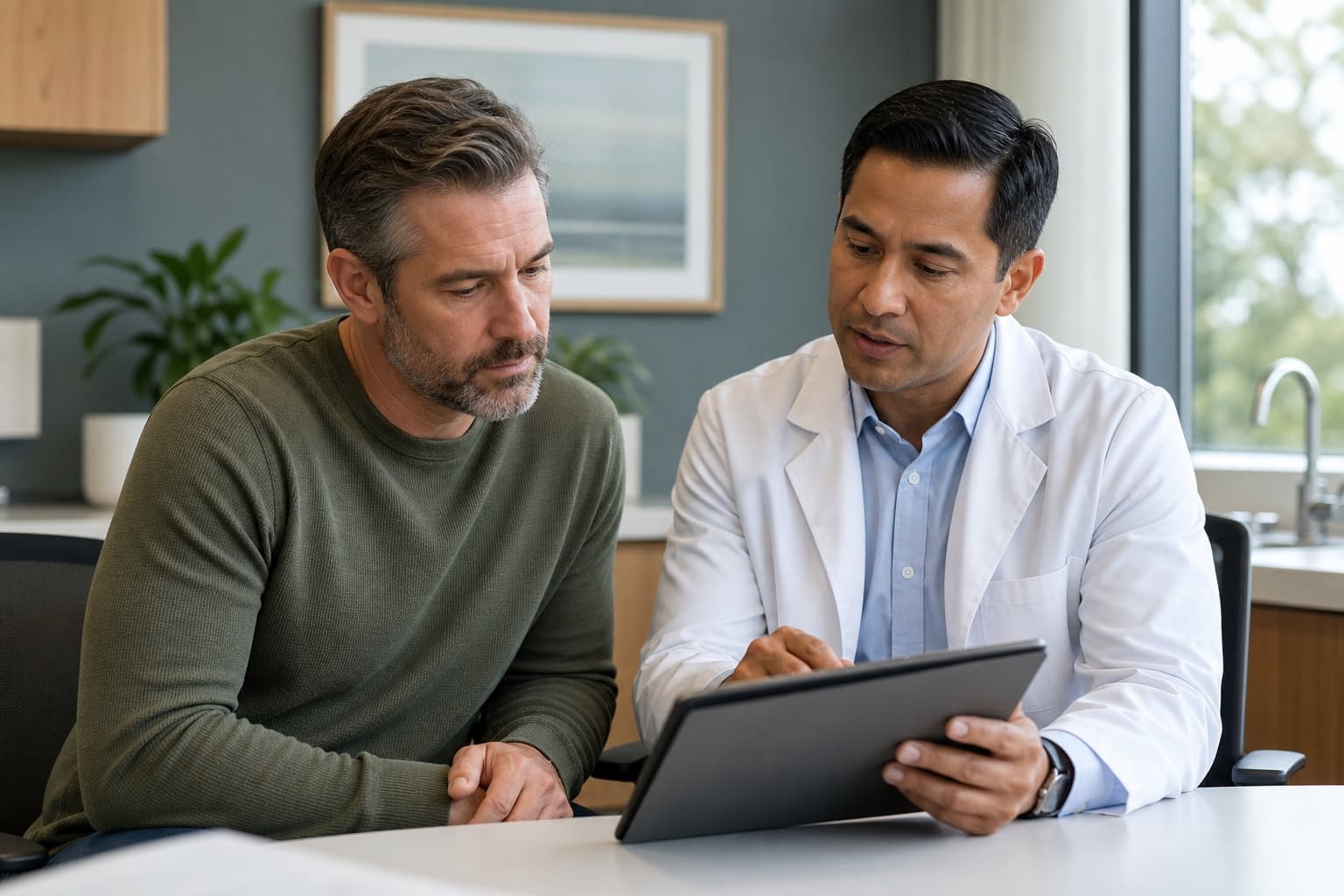 A male patient reviewing lab results with a healthcare provider during a testosterone evaluation consult.