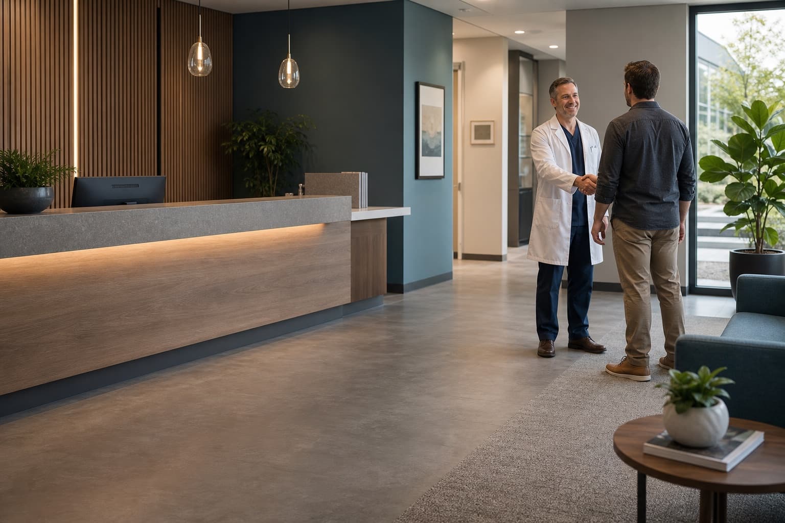 Modern men's health clinic reception with a provider welcoming a patient