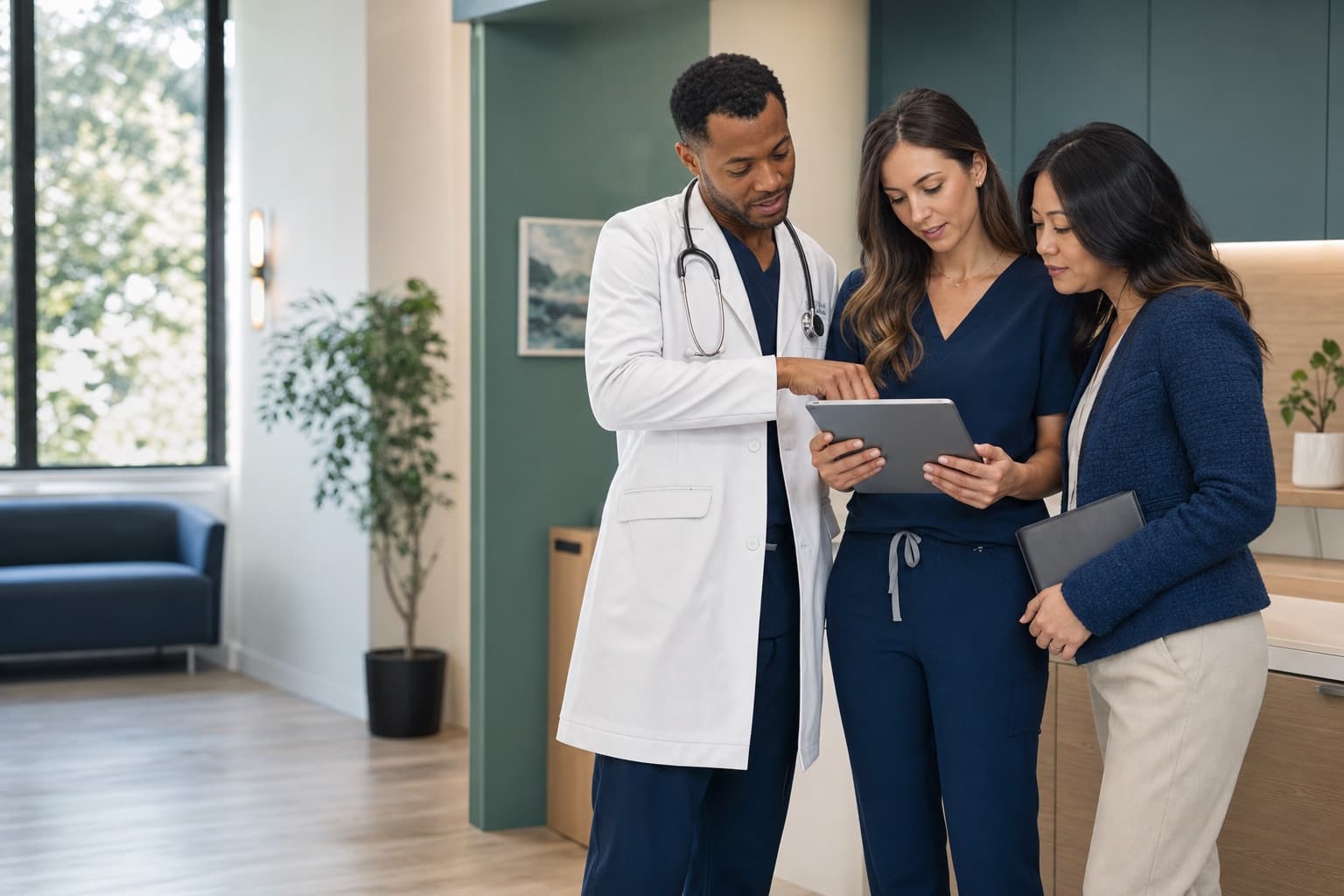Healthcare professionals collaborating in a specialized outpatient clinic